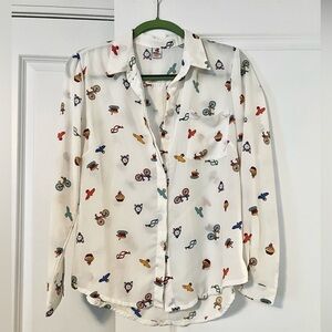 Bike print button down vintage blouse bicycle top